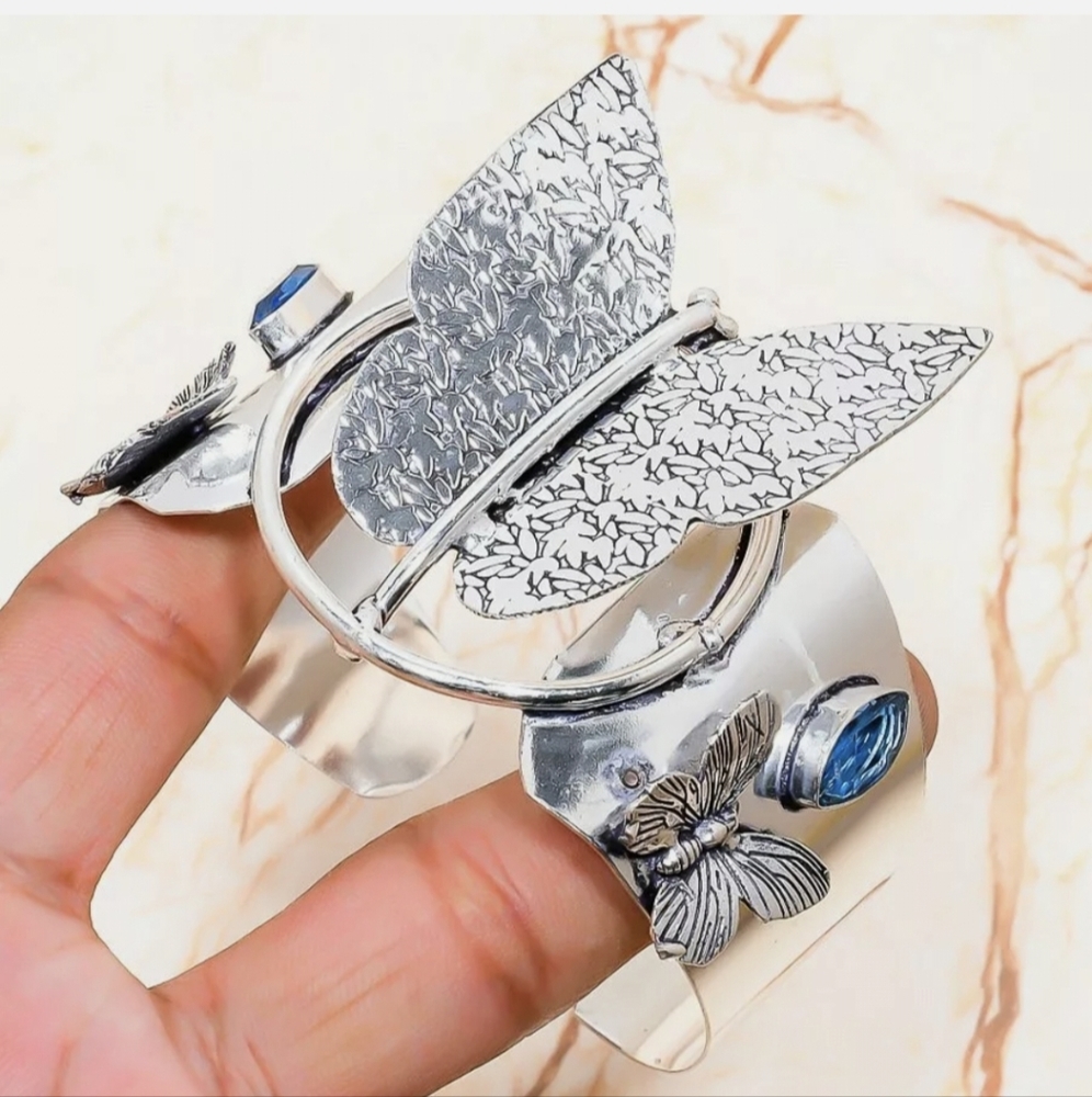 New Unique Oversized Blue Topaz Butterfly 925 Silver Cuff Bracelet.